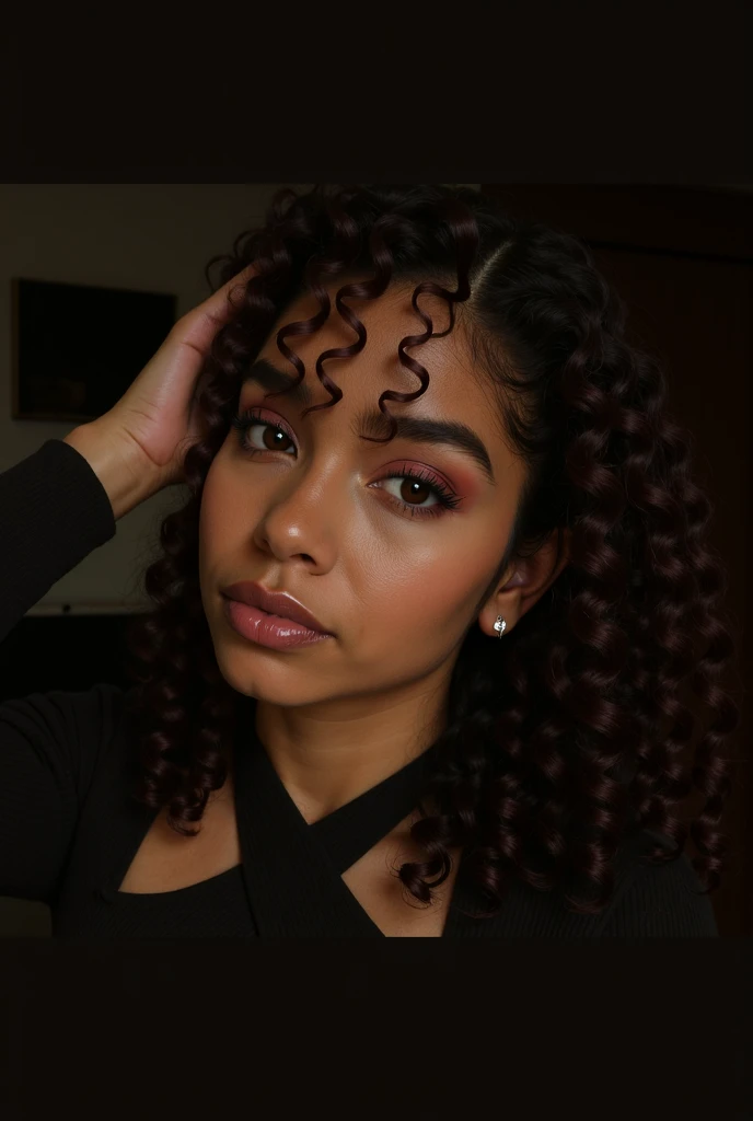 A black woman, com cabelo crespo, com olhos castanhos, wearing purple blouse. 