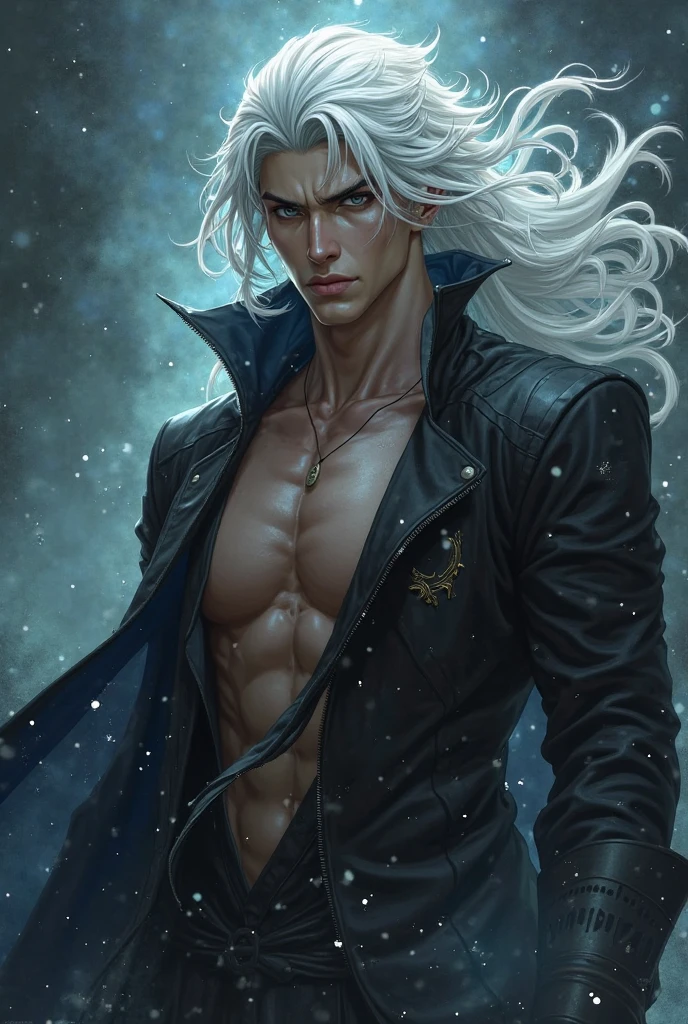 masterpiece, highest quality, (solo focus), (perfect face:1.1), (high detail:1.1),dramatic, 1guy, (pale skin), long white hair, white eyes, [light eyebrows], solo, long hair, moon, night, white luxury suit, covered navel, pouty lips, (beauty marks),  palace, detailed background, art by artgerm and greg rutkowski,  cinematic lighting, roses, suggestive