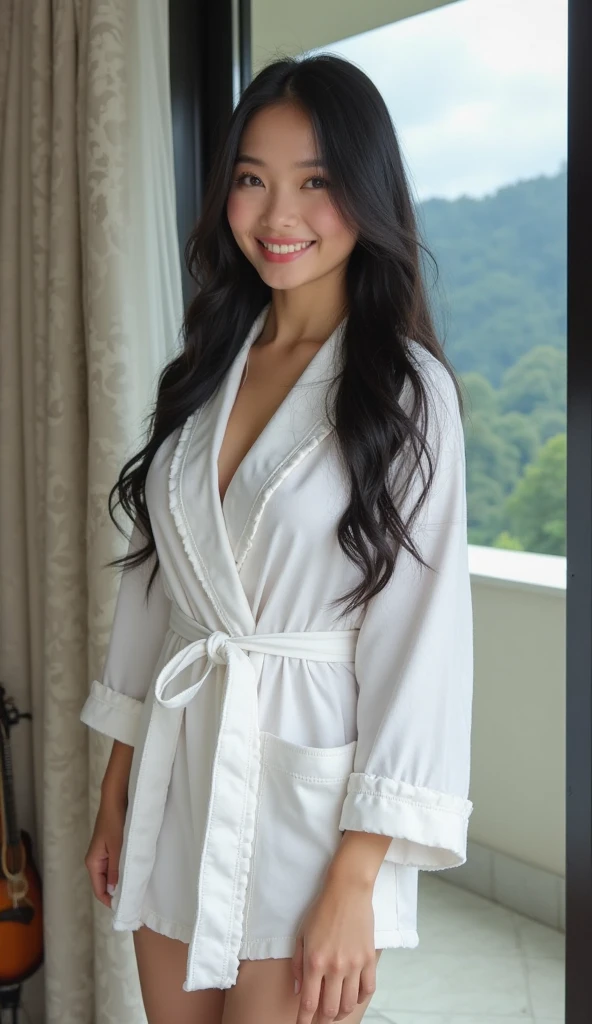 Mature old woman 80 years with black long hair, plus size, old face and body with many wrinkles, red lips, smiling, loose skin, standing at bedroom posing for photo, She wearing white robe with red pattern with large neckline and lace black stockings side view. jaw dropping mature older beauty, old face and body with wrinkles, old face, attractive grandma, a gorgeous old hair, beautiful old grandma, lovely older mature grandma, gorgeous beautiful grandma over 80 years old, beautiful white long hair grandma, beautiful detailed body and face, a beautiful old granny