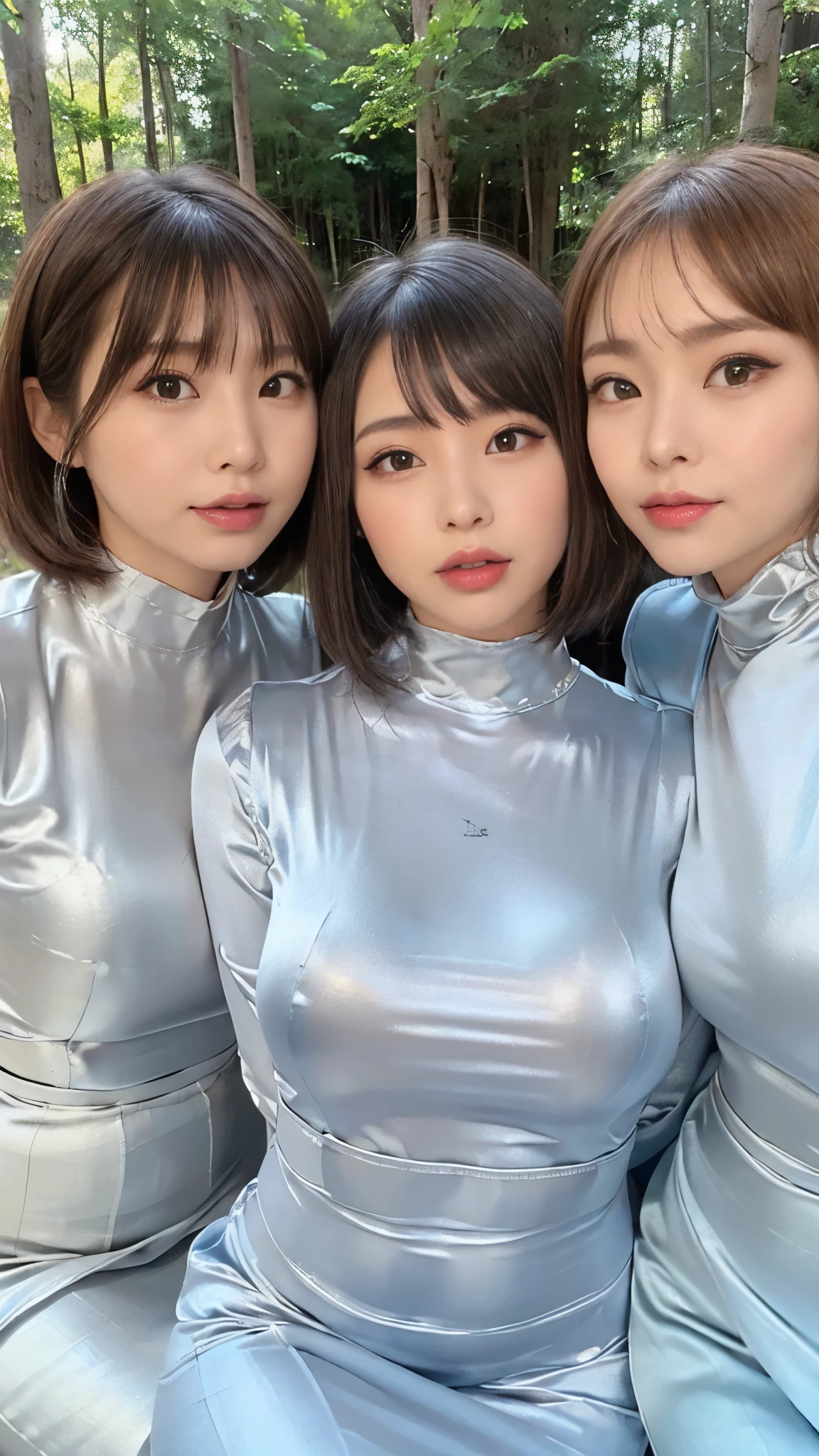 Portrait,((photo of three women wrapped in shiny silver long satin dresses)),(masterpiece, best quality , ultra high definition),Highly Detailed CG,( short haired bob style bang ) ,((Eye makeup for long eyelashes)),(( very beautiful Japanese women)),(((I'm wearing a shiny silver satin high neck t-shirt))),(((Shiny Light Blue Satin Mermaid Style High Waist Pencil Skirt))),(((Light blue satin simple long skirt))),(((The fitted high neck long sleeve bodysuit is made of shiny silver satin fabric))),(The shiny silver satin t-shirt is tucked into the skirt),((in a dark forest)),(Three people sitting side by side), Sexy Bust Line ,Poses that appeal to breast size