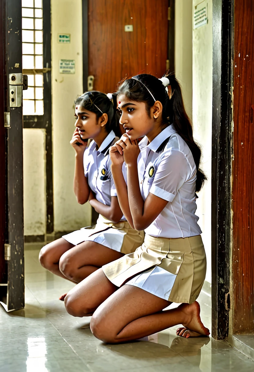 Indian college women wearing short skirt uniform kneeling down back straight holding their ears with their fingers in home balcony