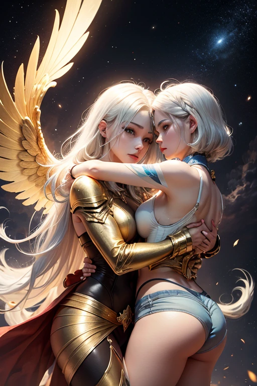 2girls, silver hair, angelic being, full body, glowing halo of light, etherial wings, sexy, woman, moan, cum, angelic, lesbian, passionate,