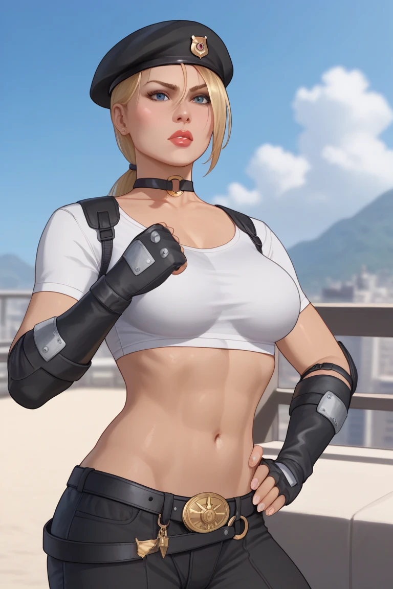 marker \(medium\), traditional media, unparalleled masterpiece, 8k uhd, perfect artwork, mature woman, riza, blonde hair, brown eyes, hair up, photo, anime, ((panties)), tight black tshirt, crop top, turtle neck, short sleeves, no pants, black thigh highs, in bed, blush