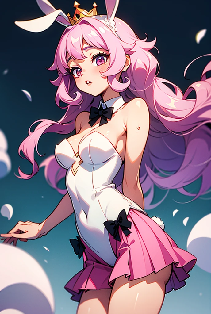 ume white woman, bright pink eyes with flower-shaped pupils, long rainbow pink hair, sleeveless dress with a low cut and open top with a star shape on the belly.breasts big