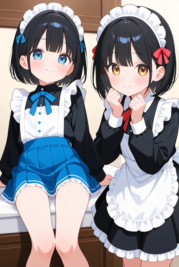 masterpiece, Highest quality,Full body portrait from head to toe、Little and cute twin girls、7age、Two Girls、((Black Hair、Bob Hair))、Grey Eyes、((((Small breasts、Flat Chest))))、Slender body、Open your mouth,((She is sitting cutely on the sofa facing forward.、Two people sitting apart with space between them)),Bedroom、((((smile)))),((Favorability))、((((Detailed facial depiction,Beautiful Eyes)))) ,((((Black frilly pinafore skirt)))),Symmetrical composition