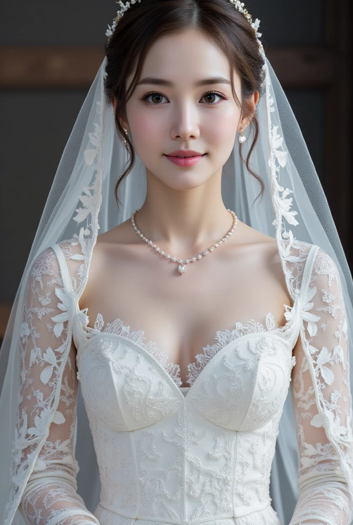 (1girl), ponytail, Extremely cute face, Amazing face and eyes, (Highly detailed eyes, Highly detailed face), fresh, Very clean appearance, (Hyper-realistic, hight resolution), (Best Quality:1.4), (hyper quality), Authentic skin texture, Raw photo, (Realistic, Photorealsitic:1.37), highly detailed, Professional Photography, (beautiful lace bridal dress:1.5), (lace bridal dress with open front), (cleavage:1.2), (Bare shoulders), Smile slightly, (Staring at me), luxury living room, girl portrait,