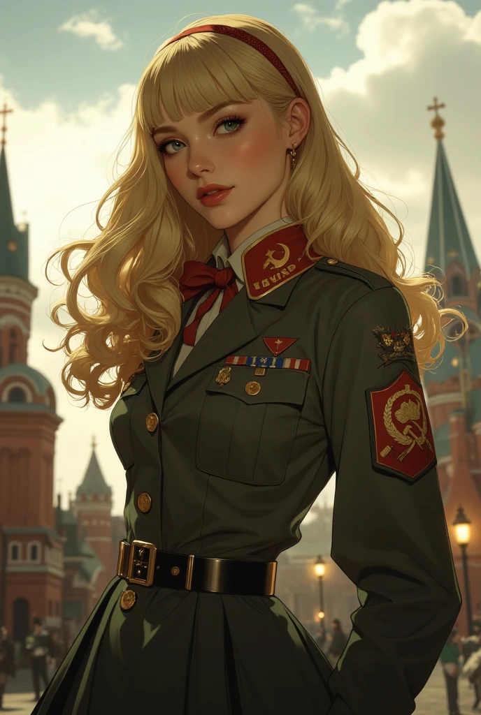 modelshoot style, (extremely detailed CG unity 8k wallpaper, hasselblad award winner), beautiful detailed portrait of a young blonde female, beautiful sports girl in the militia uniform of the Soviet Union, serious look, (NKVD style:1.4), stands in a defiant pose, provocative dominance position above the camera, legs apart, legs open, legs apart, sexy, legs apart, pubis, panties, cinematic lighting, ambient soft lighting, dramatic lighting, diffused soft lighting, aviator style, (detailed background with red flags of the soviet union:1.2), futuristic, imperial style, elite, rich, highly detailed, intricate, sexy uniform, hot body, small breasts, with a long blonde tail and a long brown fur leather coat, artstation, cgsociety art, DeviantArt trending, 8k HD, masterpiece, high quality, sharp focus, digital art by Artgerm and Greg Rutkowski and Alphonse Mucha, professional majestic oil painting by Ed Blinkey, Atey Ghailan, Studio Ghibli, by Jeremy Mann, Greg Manchess, Antonio Moro, trending on ArtStation, trending on CGSociety, Intricate, High Detail, Sharp focus, dramatic, photorealistic painting art by midjourney and greg rutkowski
