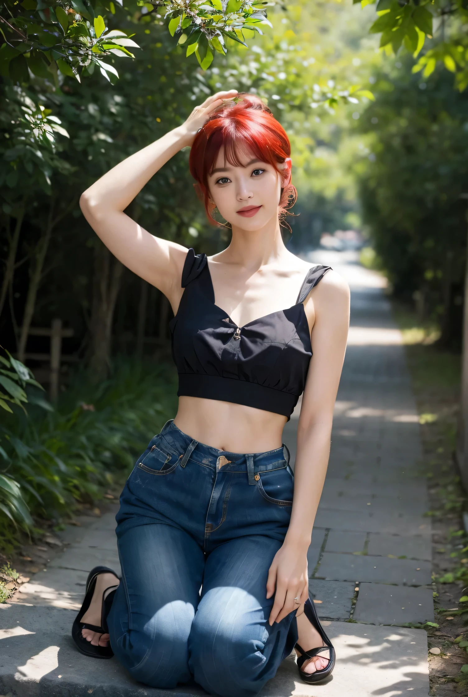 White 22 years old beautiful girl, short orange hair, embarrassing expressions, ((highly detailed eyes)) brown eyes,((red crop top)), ((blue jeans)), detailed eyes, masterpiece, greek clothes,peplos,((Bare shoulders)), Charming model, (Delicateeyes, Delicate lips), Show a bright smile, Create stunning girl images, warm color, Very high color saturation, Unity 8K Wallpaper, (High Dynamic Range :1.4), (Movie atmosphere),(Soft colors), (Natural skin texture, ultra-Practical, Soft Light, sharp),(Very detailed), night, moonlight