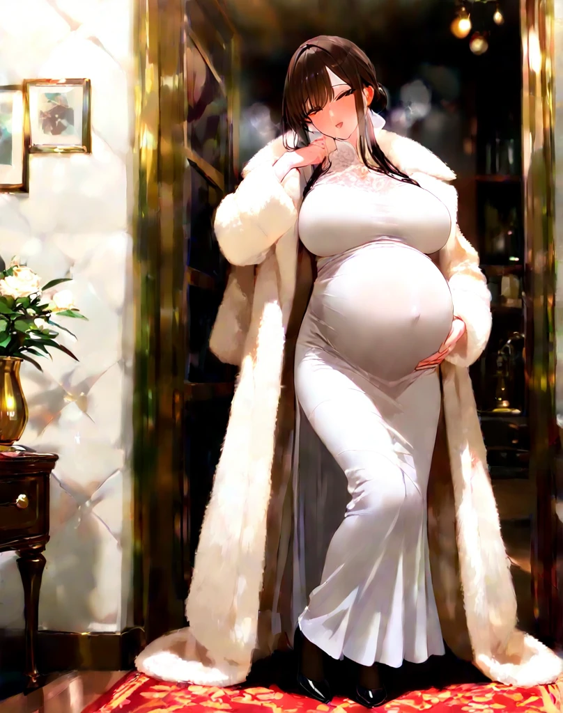 Pregnant anime style girl standing in the baby's room in very detailed , with cot, exchanger