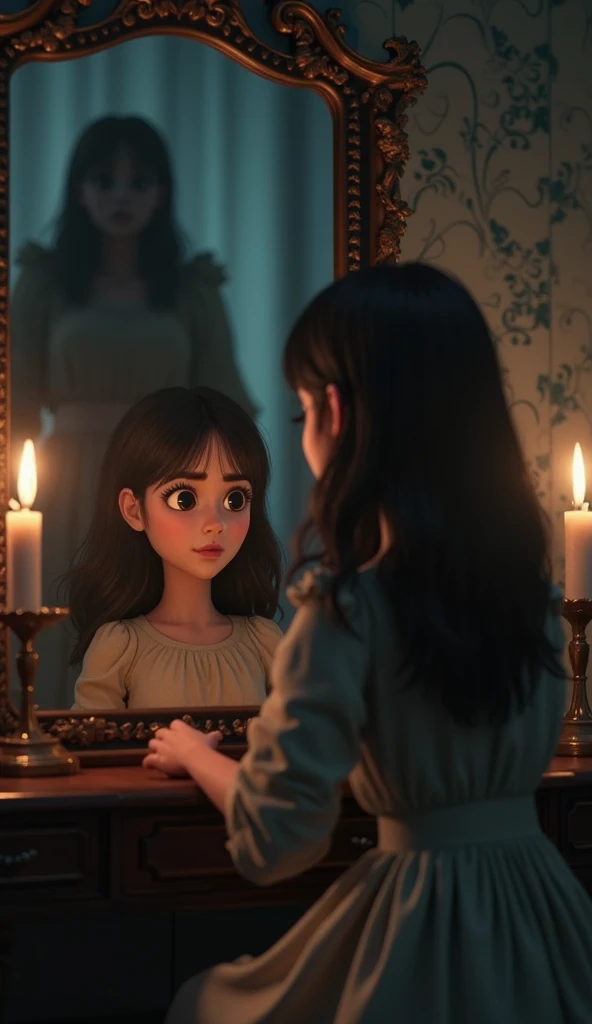 A girl inside a creepy dark mansion at night, olhando para um espelho misterioso, sombrio, little lighting, mirror, espelho