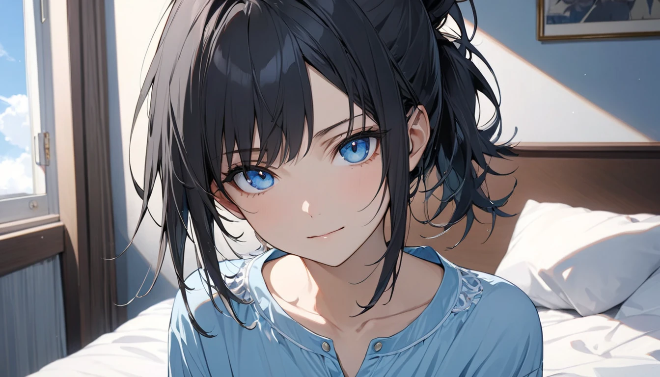((Highest quality)), ((masterpiece)), ((detailed)), ((One girl)), ((nymph)),, Black Hair,(Childish face), (Straight Hair),Medium Breasts , ((topless)), ((Blue eyes)), half-smile , white Bathrobe, natural Light ,Bedroom ,((close_up)), ((extreme_close_up)) , ((crawling position)), (seductively posing),