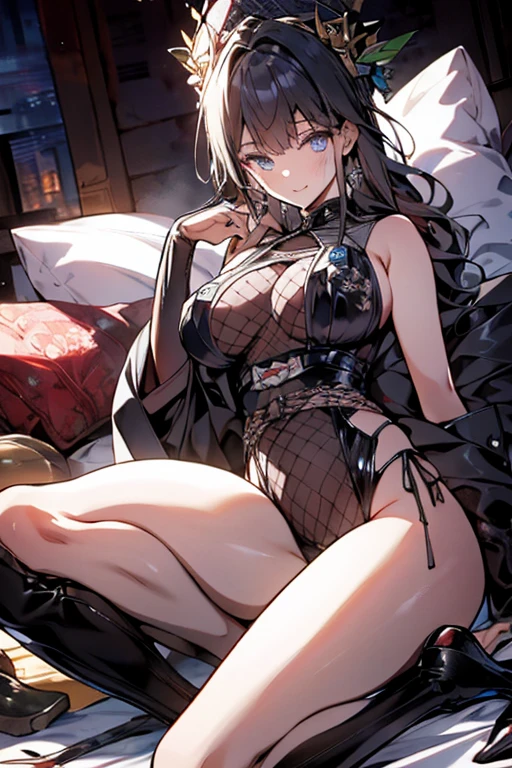 ((Biologically correct limb count))、(( Full-body photo including face))、4K、((Standing position))、masterpiece、((Focus on the face))、((Symmetrical facial features))、detailedな描写の目、Beautiful blue-haired woman、Excellent style、Beautiful clavicle、Beautiful feet、Beautiful Hands、Slender body、(Yellow patent leather blazer、flare skirt、Black Stockings、garter belt、High heels)、顔のdetailedな描写、Small earrings、necklace、tie、(Low - Angle)、Black Hair、Silver Hair、((smug face)))、Close-up photo of the upper body、In the middle of changing、Panty shot、Nipples、(Lie down in bed)、最高masterpiece、high quality、detailed