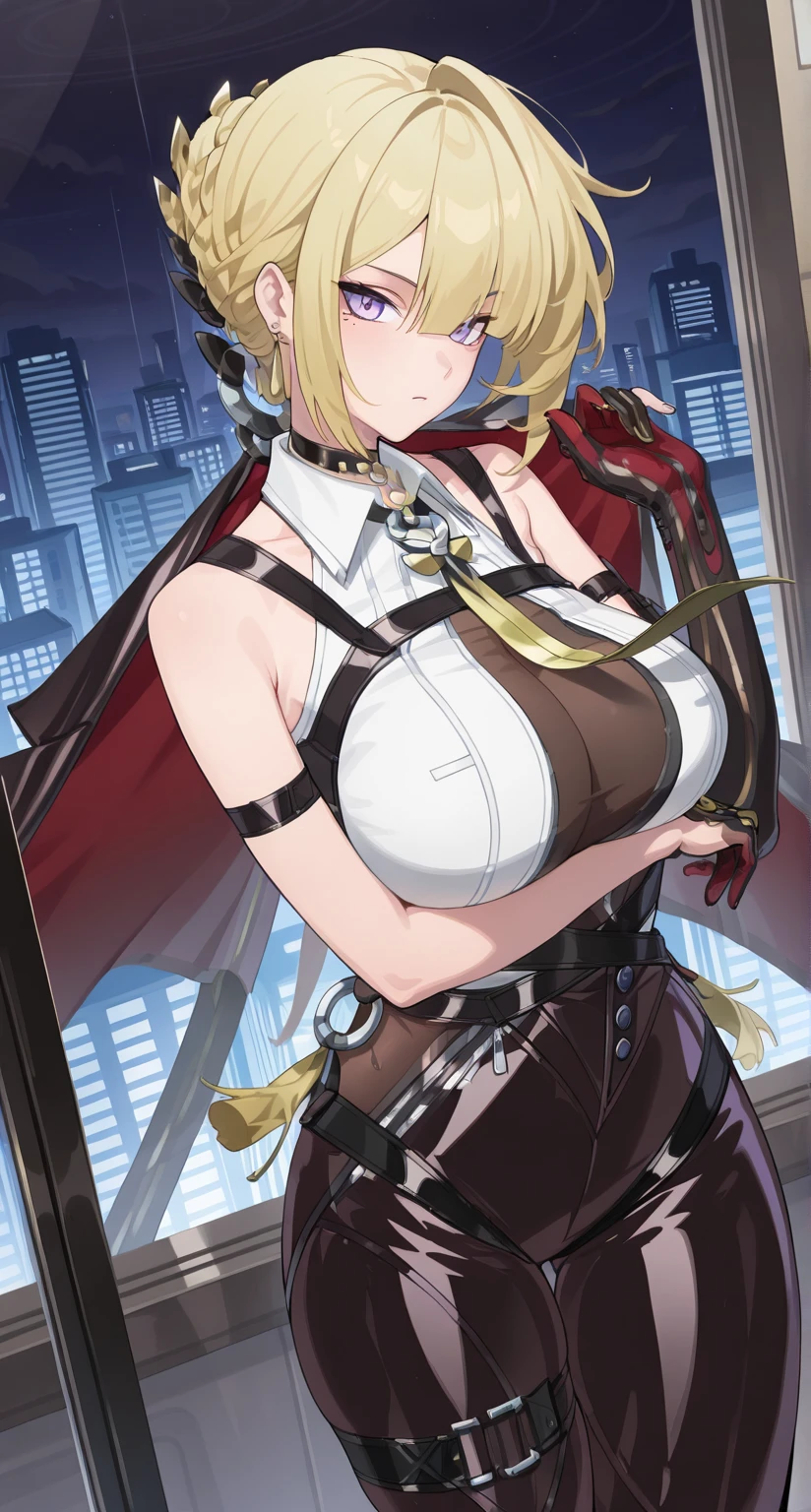 masterpiece,best quality,highres,ultra-detailed,glass cover,alternate color,score_9, score_8_up , score_7_up,dynamic angle,1girl,cool,(evelyn chevalier),looking at viewer,serious,1girl,large breasts,purple eyes,mole under eye,blonde hair,short hair,sidelocks,bun with braided base,ring hair ornament,hair ornament,black ribbon,earrings,black choker,tight clothes,white collared shirt,sleeveless shirt,see-through cleavage,ring necklace,yellow necktie,chest harness,high-waist black pants,harness,o-ring,tassel,zipper,arm strap,thigh strap,single glove,single elbow glove,black gloves,dynamic pose,breast hold,city,night
