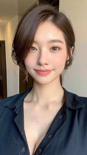((highest quality, 8k, masterpiece: 1.3)), 1 female, Japanese Mature,Sensual beauty: 1.3, (Hair style Brown hair Medium wave, big: 1.2), Relaxed loungewear: 1.1, Super slender face, Delicate eyes, double eyelid, Dimples,Mole, Home,relax,smile,Plump body,