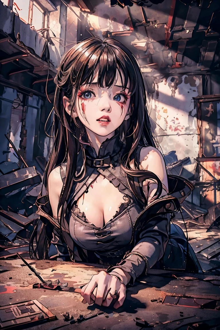 Highest quality、masterpiece、High sensitivity、High resolution、Detailed Description、Slender women、Teeth are fangs、Blood from the mouth、Red eyeball、Ruins at night、