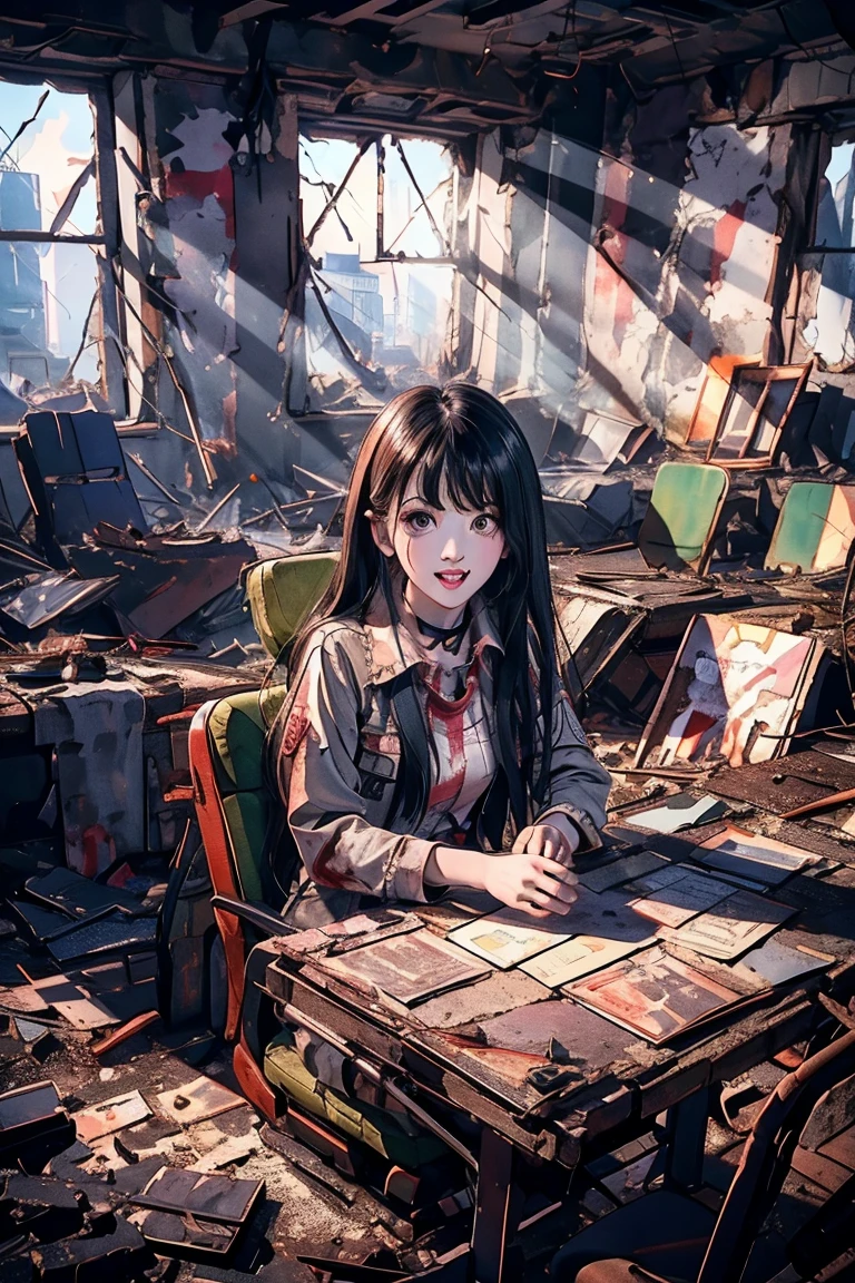 Highest quality、masterpiece、High sensitivity、High resolution、Detailed Description、Slender women、tooth、Dracula、Blood from the mouth、eyes bright red、In a classroom in ruins、