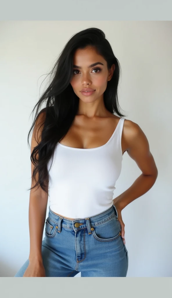 A cute 20 years old indian girl taking selfie, rough dry face skin , full body view , pink shorts , white wall background , model pose , sexy and hot , big boobs, deep cleavage