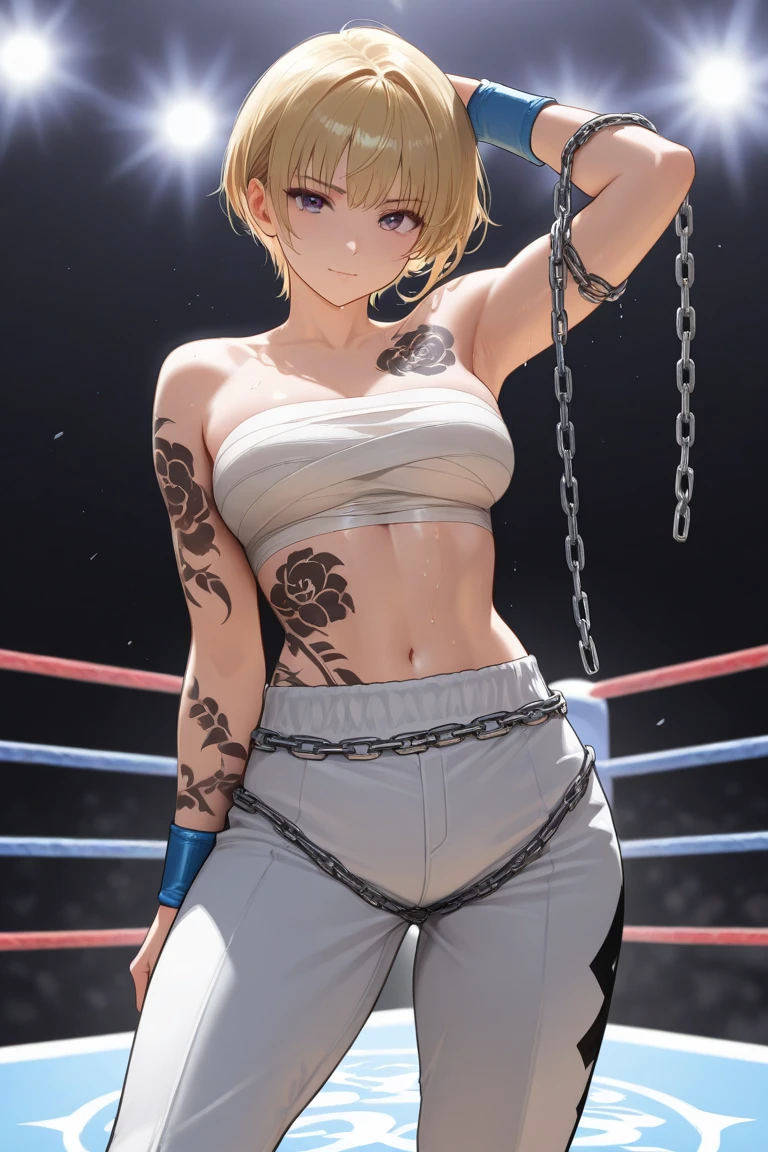 (((a girl))), cowboy style, low angle, masterpiece, boxer, brown skin, shaggy hair, nosebleed, blood from mouth, smile, damage, breathing, fighting spirit, bright eyes, straight right, punch, punch, punch, sweat dripping, splattering sweat, face tattoo, thigh tattoo, many tattoos, very good anime illustration, ray tracing, composition, dynamic, boxing gloves, face up,  Beautiful face, angry facial expression, beautiful skin, toned abs, slender, (spotlights)), [real] ([details] background (boxing ring, spectator seats), shaved, ((short blonde hair))))), wet bra, knee pads, transparent breasts, short spats, underwear, semi-naked, slender, underwear on display, sweat, fighting spirit, super beautiful, big breasts --auto --s2
