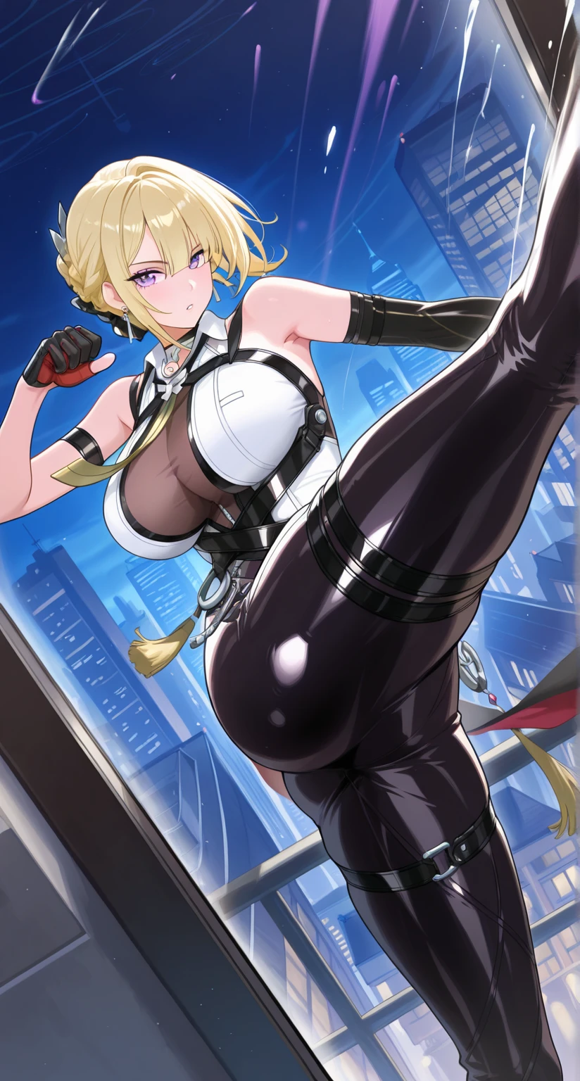 masterpiece, top quality, ((highly detailed)), Unity 8k wallpaper, (((detailed and defined artwork))), firmament, girl 1 person, long straight hair, hair between eyes, age: 16, pretty face, white, ((empty hands))((cleavage)), ((empty hand)), ((detailed artwork)) ((accurate anatomy)) ((black tied down shirt)) ((black pantyhose))((straight blonde hair)) ((((extremely detailed)))) (((beautiful body))) ((detailed symmetrical eyes)) ((normal human size head)) (((((accurate anatomy))))) ((transparent pantyhose)) (((lace pantyhose)))(((simple background)))