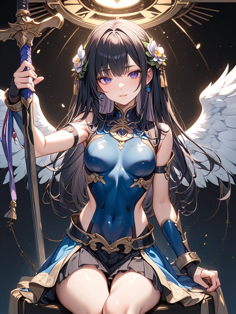 a goddess of the magic, sexy and beautiful, (have four hands), A pair of black and white feather wings behind the back, upright star totem float behind the back, magic circle on feets, halo, super textured skin, super detail face, perfect face, Super fine facial details, beautiful and delicate eyes, perfect eyes, correct limbs, correct figner, super detail figner, best hair quality, best clothing quality, best prop quality, best halo detail and quality, best magic circle detail and quality, complex halo detail, anatomically correct