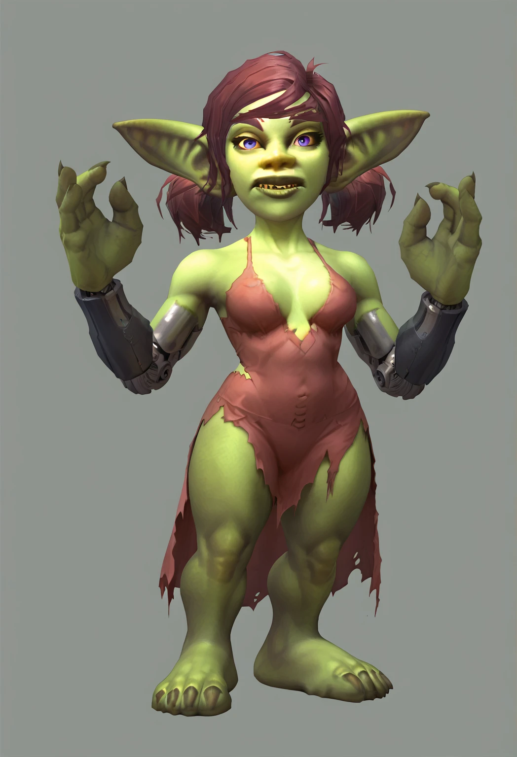 (8k, RAW photos, top quality, masterpiece: 1.2), (High Quality), ray tracing, HDR, (High Details), (Face detail), (Shadow Detail), demon succubus, 3d, 3d render, Gobbo, demon, 1girl, solo, red hair, wedding dress, eyeliner, shortstack, cleavage, colored skin green skin, abs, thick thighs, wide hips, large breasts, adjusting bra, blush, short,