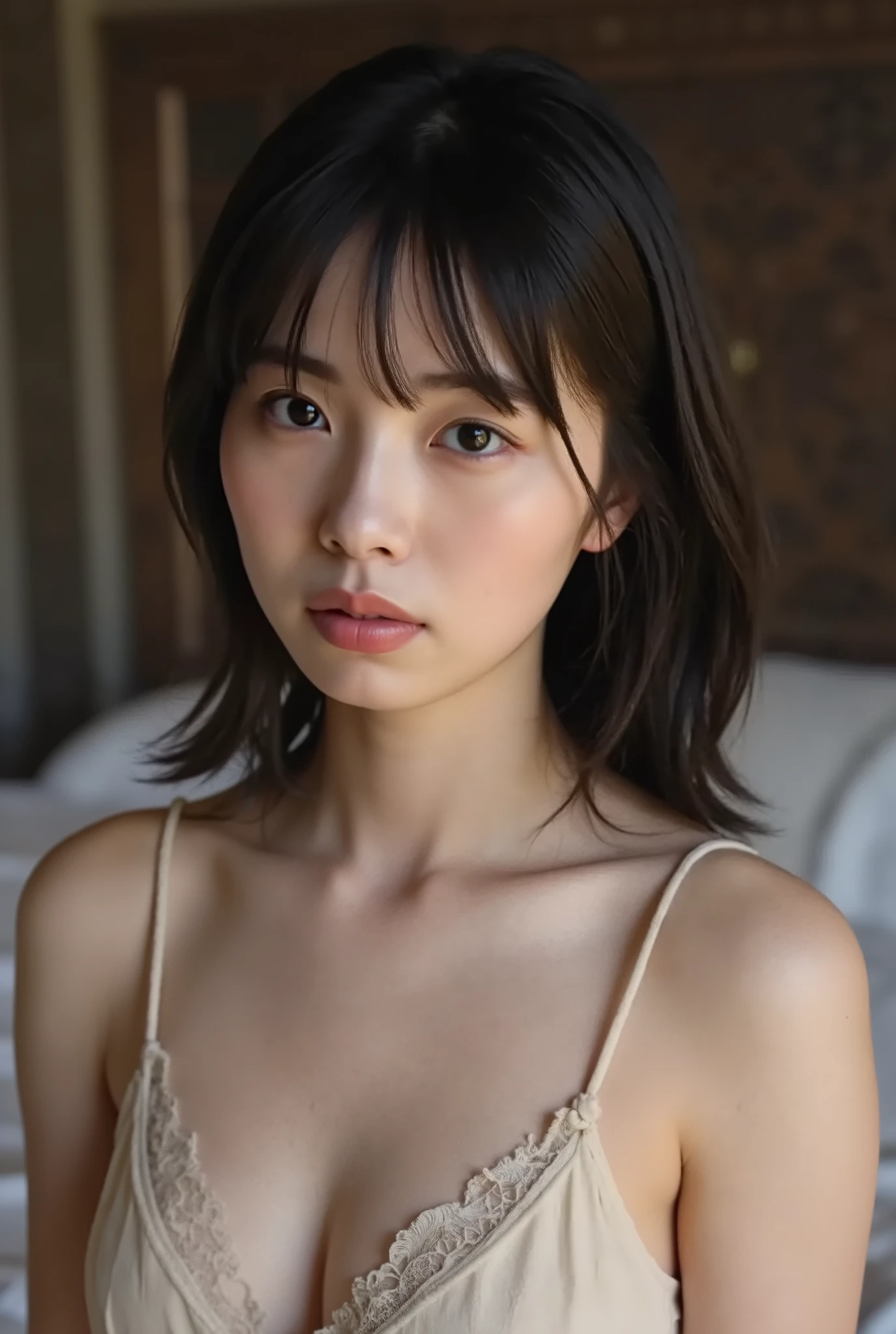 Highest quality, 8K, Tabletop, Realistic, Realistic, , (窓からはLate Nightの大都会の夜景、Ample breasts:1.2), Big Breasts, , , Abundant hips, Detailed face, Beautiful Face, , Beautiful woman,((Gray detailed eyes、Translucent skin texture、A shy smile、Fluffy hair、Light Brown Hair、Big city view from the window、Shaggy Cut、Floating Hair、、Cute Japanese Idols:1.4)). (、short hair、Floating Hair、Parted bangs、Bedroom、Sit on the bed、Place your hands on your feet、Late Night、indirect lighting、Sheer white bra and panties、Ample breasts、Looking into the camera:1.2))