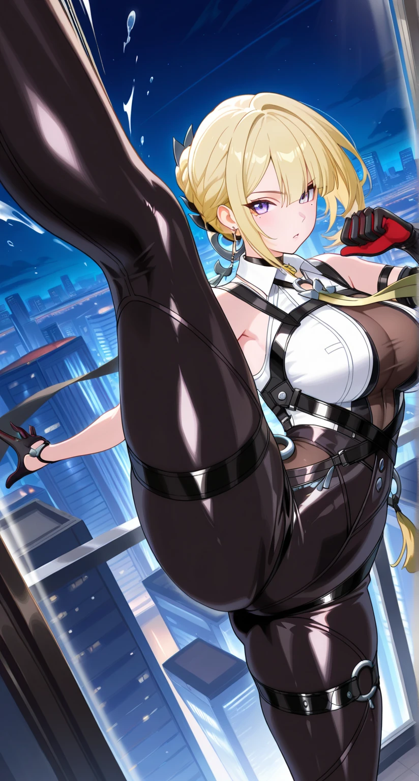 woman,20-year-old,,city,night,((white tight miniskirt bodysuit)),(Harada Makoto),open mouth smile,(((See-through))),((blonde)),long hair