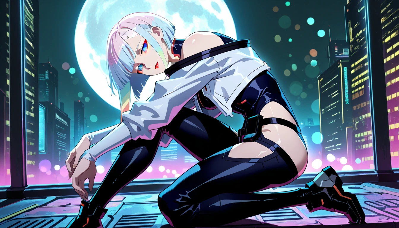highly detailed, high quality, Artwork, jack-o' challenge, flexible, open legs, top to bottom bottom to top, Hutaodef, shorts Lucy \(cyberpunk\), 1 girl, arm up, bangs, blue hair, colored tips, full moon, gray eyes, jacket, long sleeves, looking at viewer, short hair, moon, multicolored hair, parted bangs, parted lips , pink hair, portrait, red eyeliner, red lips, Alone, white jacket, cyberpunk \(Series\), cyberpunk edgerunners (big ass), ((big boobs)), very sex