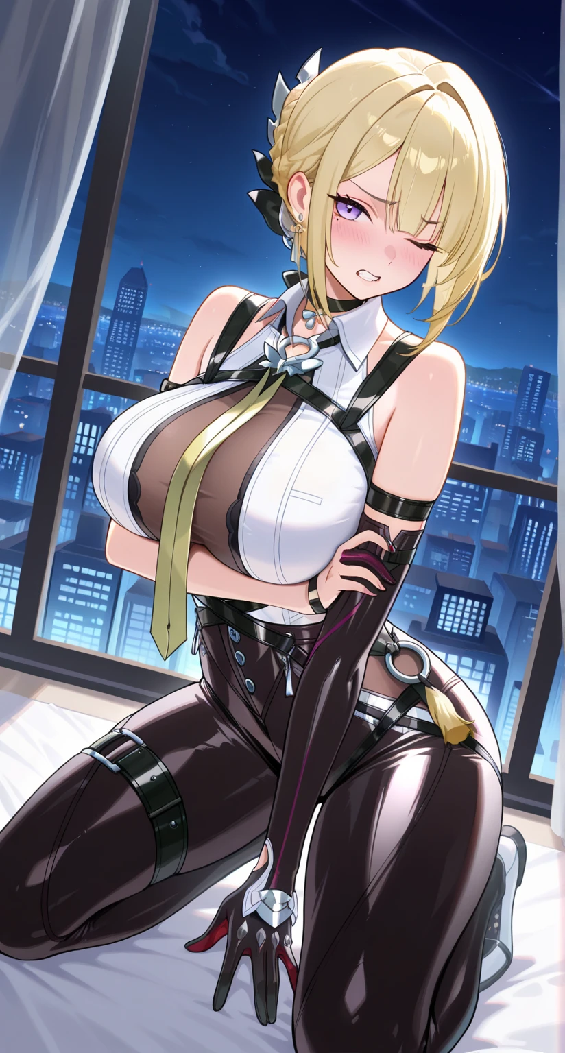 Gray translucent armor,Arm mecha,blonde short hair,Long ponytail hairstyle,Large Breasts,Cleavage,Pistol hanging from waist,fighter pilot,fighter hangar,Sexy,Lipstick,miss,Golden Eyes,stockings,Short skirt,Smile,red glasses