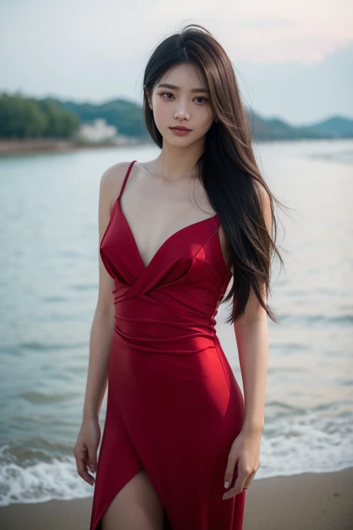 ((Best Quality, 8K, Masterpiece: 1.3)), Sharp Focus: 1.2, (Cute Actress: 1.3), Realistic Pictures, (Lustrous Skin: 1.3), Realistic Pictures, Dark Hair, Realistic Pupils, Film Lighting, Very Detailed Eyes and Face, 1girl, (Best Quality, Masterpiece, Ultra High Resolution, Realistic Pictures: 1.4 ), red swimsuit, location always ocean Perfectly shaped beauty: 1.4, slender abs: 1.2, big tits, (((wavy long hair))), detailed face and skin texture, (pose)), (seductive)), tight-fitting clothes, seductive pose,