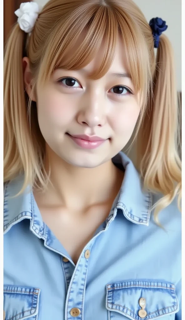 studio light, Depth of the bounds written, Upper body, thin, cute顔, smile, beautiful detail eyes, 19 years old Japanese, cute, Warm blonde voluminous curls, plaza, casual