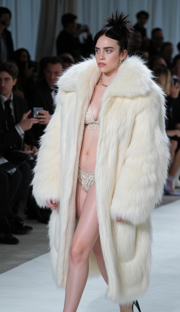 Very wide、Very thick, white mink fur coat, Thickness 100 cm, fluffy, Thick white mink fur collar, 3 floors、(Fur fashion show)、naked、Nordic beauties、High ponytail、(Very large breasts:2.0)、naked、(Squat down and spread your legs)