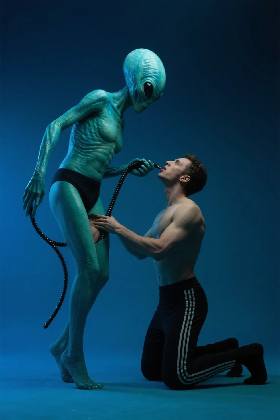 (extremadamente detallado, obra maestra, La mejor calidad), Estilo oscuro, intense illumination, rostro bello, ciborg, torso desnudo, cables enchufados por el cuerpo, lengua larga, tentacle, deforme, monstruoso, interior de una piscina de agua verdosa, imagen submarina, alien con Colmillos finos, pico de pulpo amenazante. manchas de tinta. Rococo composition. Luz de caravaggio