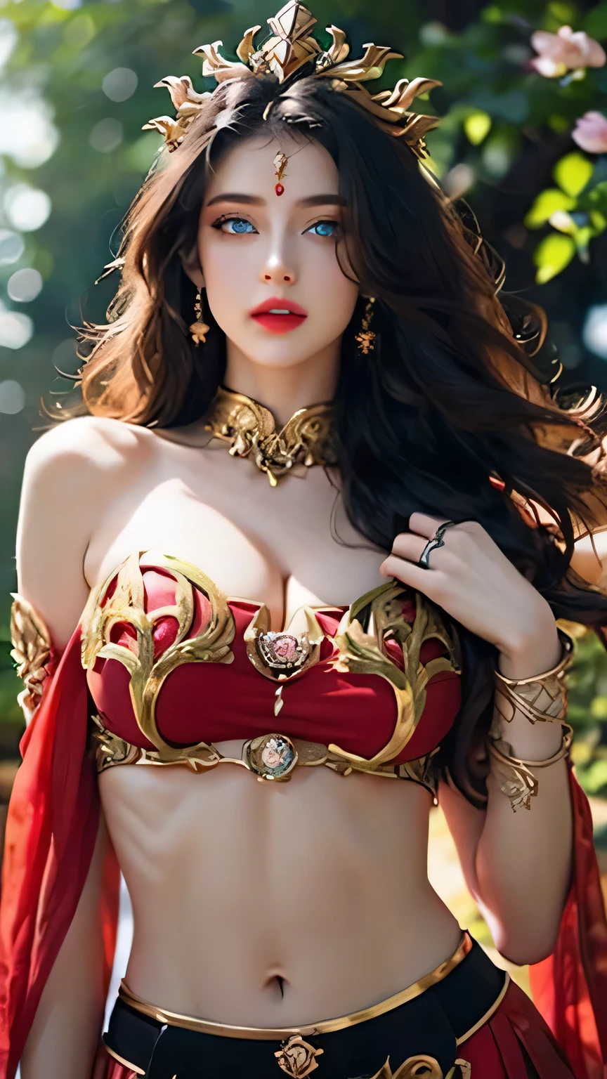 A skinny thin girl with beauti full delicate face lips with thin skinny arms, thin skinny long legs and thin waist with big breasts dressed as apsara ,very deep neck v shape boho dress standing a seductive pose with seductive expression
