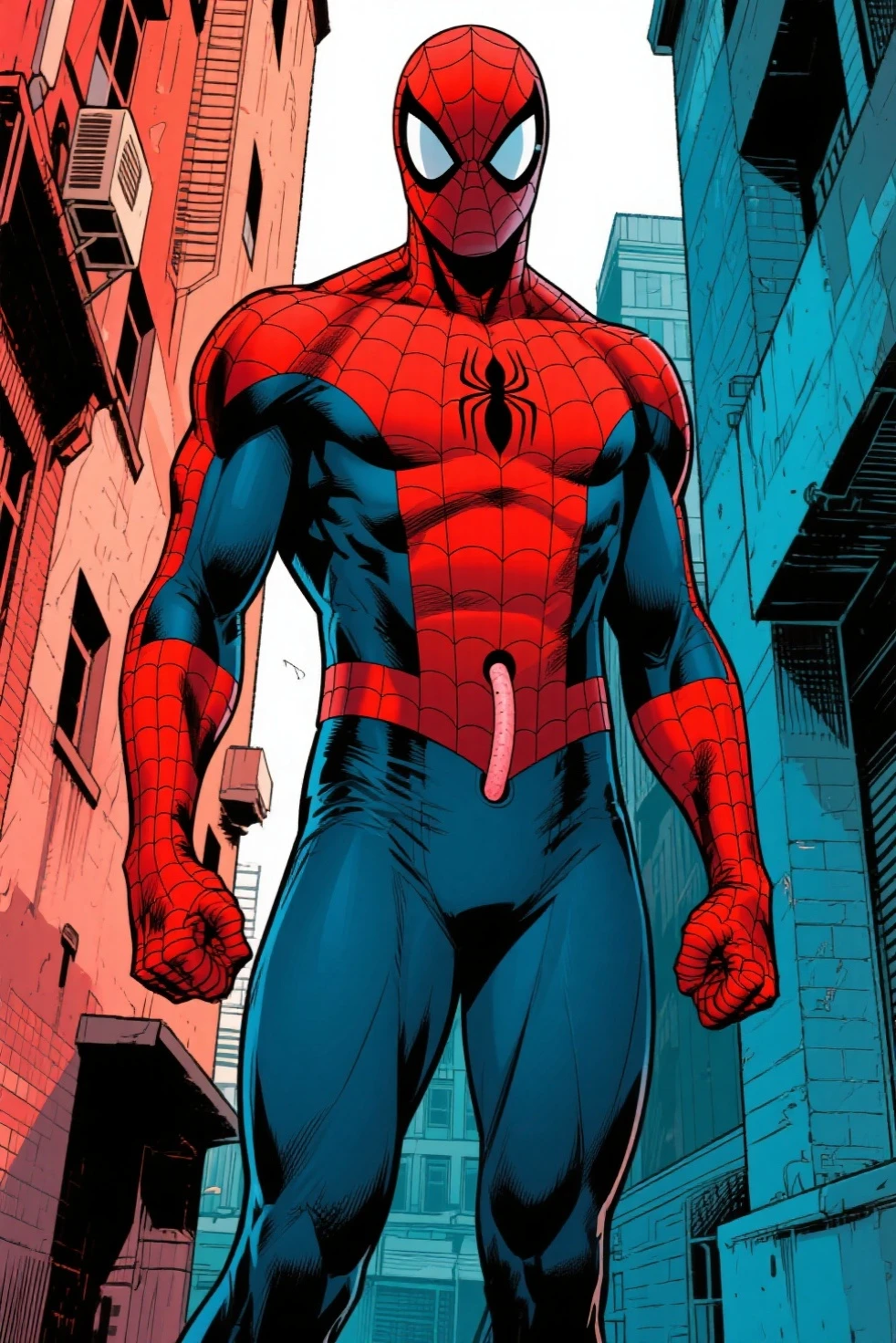 spiderman (handsome muscular young men), (they show off their thongs and spread their legs), two handsome muscular men, mischievous smile, (High detail:1 1)、large male tubercles under a bikini, Natural muscles、high quality、