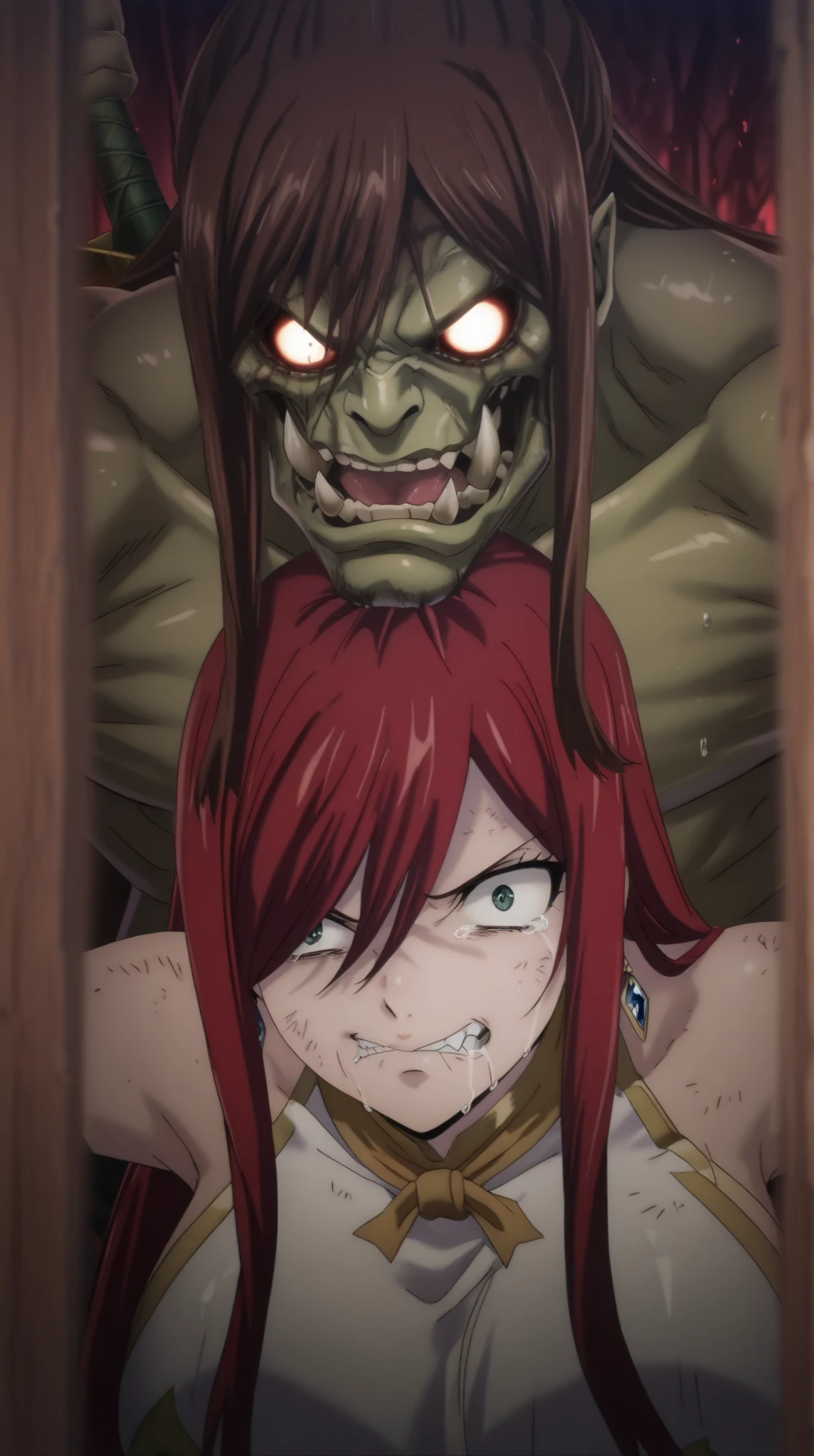 score_9, score_8_up, score_7_up, source_anime, sakimiya iruka, red hair, green eyes, one side up, medium hair, green scrunchie, hair ornament, shiny skin, rating_explicit, big breasts, large ass, nude, collar, scared,(tears:1.2),(open mouth, shout),(sweat:1.2),(steam on body, heavy breathless), (trembling:1.5), drooling, bouncing breasts, unaligned breasts,(motion lines:1.3), (motion blur:1.5),(pussy juice, Squirting:1.2), (arched back:1.2), (head back:1.3), looking up, tongue out, chin, small uterus, spread legs, legs up, back on floor, hetero, 1man,(troll:1.2), (vaginal penis, man on top, sex from above), (mating press, deep penetration in pussy:1.4),(huge penis:1.6), (huge testicles:1.8),(cum in pussy:1.8), (excessive cum:1.4), facial, cum on hair, cum string, pole dance, on stage,(internal cumshot:1.3), (cross-section, x-ray), multiple views, full body