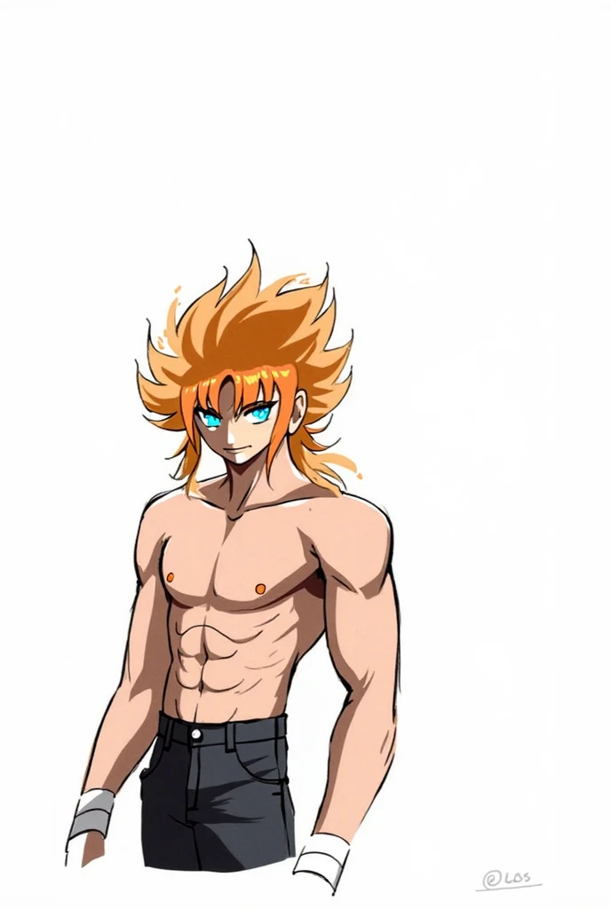In a bold, high-contrast shot, a striking figure stands out against a orange backdrop, his chiseled physique on full display as he confidently strikes a pose. Tight underwear accentuates his rugged big build, while vibrant locks tumble down his forehead, framing piercing blue eyes that sparkle with mischief. The dynamic energy and Kimetsu no Yaiba-inspired palette radiate from this captivating tableau, drawing the viewer in as the subject's gaze meets theirs. Open legs, penis erection