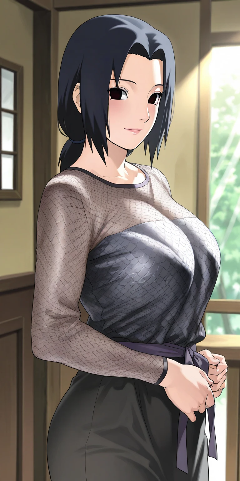 Masterpiece, Best Quality, 1 Girl, Solo, Hinata \ (Boruto), Looking at the audience, faint blush, laughing, hanging breasts,black pantyhose, ((mature women)),robe,