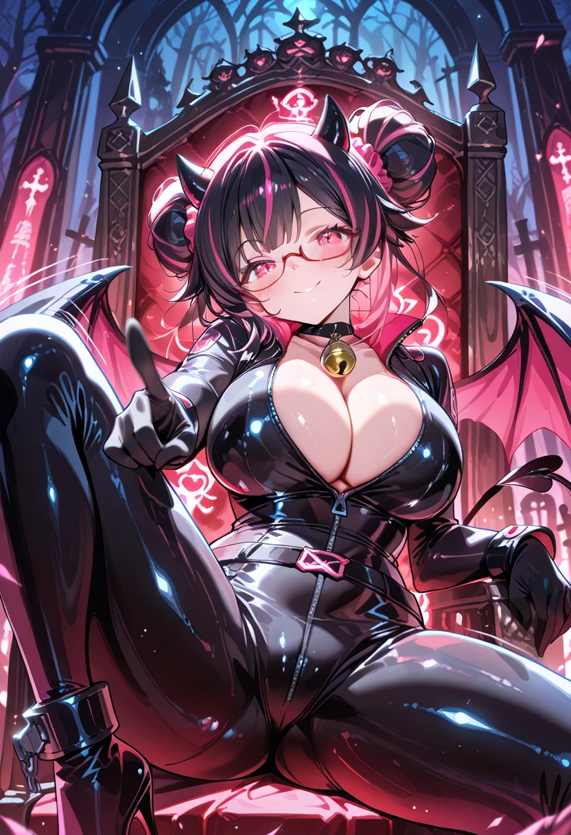 Sexy Latex outfit, with black demon horns, having sex, seductive smile , red eyes, in classroom, mind control by succubus, black hair