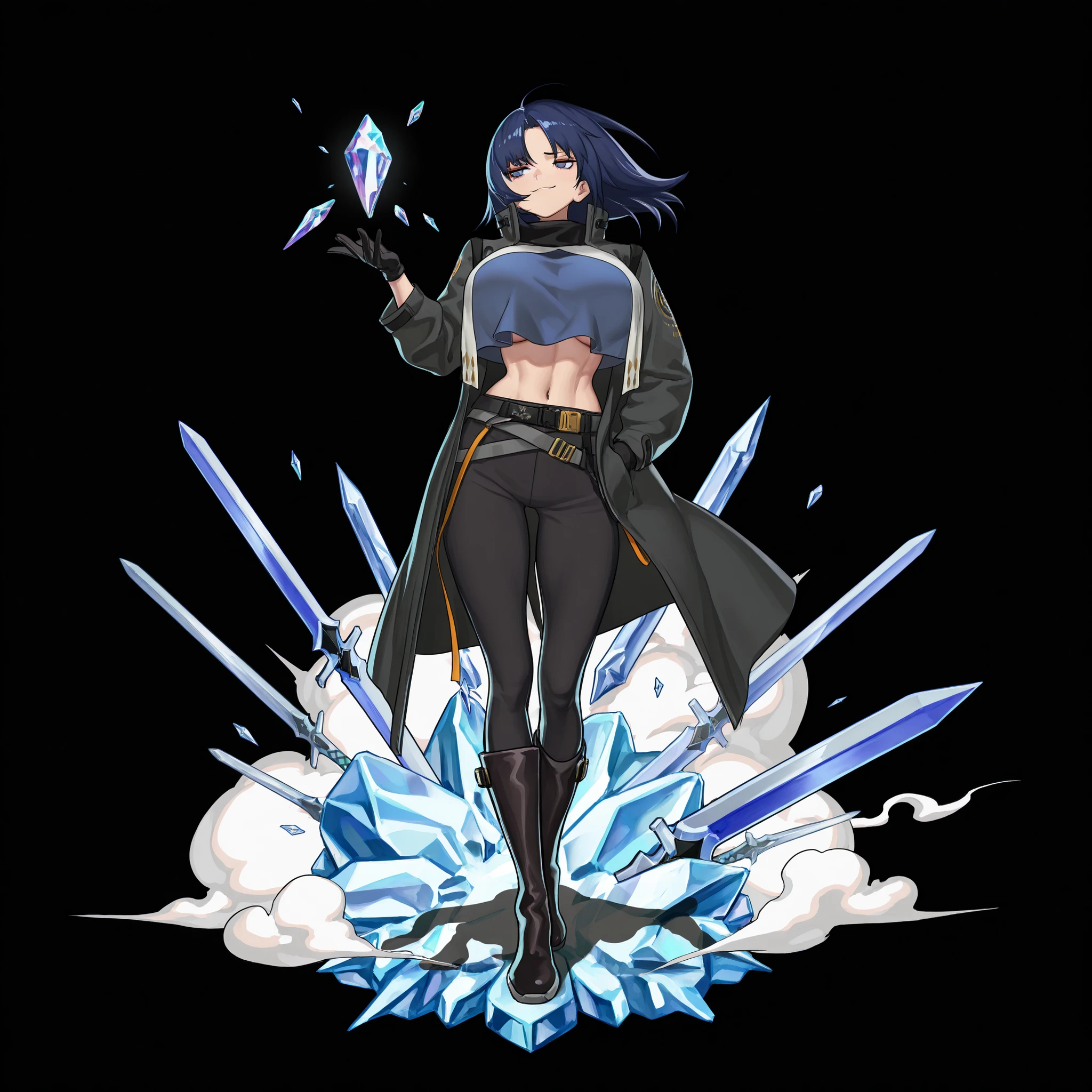 ((arknights),elite ii (arknights),original,ArkElite2, full body), {artstyle: iwao178,nia4294,henriiku (ahemaru),(ryuuzaki ichi),ilya kuvshinov,baffu,hitoyo,professional artist,detailed anatomy},{masterpiece, best quality},young girl,adult,1girl,solo,(large breasts:1.7), narrow waist, linea alba,navel, slim body, tall body, slim legs,shrug (clothing), cropped shirt, ((breast curtain)),midriff, layered clothes,long sleeves, layered clothes, open clothes,blue shirt, black shrug,trench coat,black coat, popped collar,black gloves, pants, black pants, (gold trim, hexagon print), knee boots, blue eyes, blue hair, medium hair, curtained hair,parted bangs,smug, seductive smile, (detailed background,explosion,((crystals)), broken crystals, floating crystals, crystallized weapons, crystallized swords, crystallized spears, shadow,smoke, wind,cloud), hand up, open hand,hand in pocket, ((straight-on,looking at viwewer,jitome, smug)),floating hair,((multiple belts)),