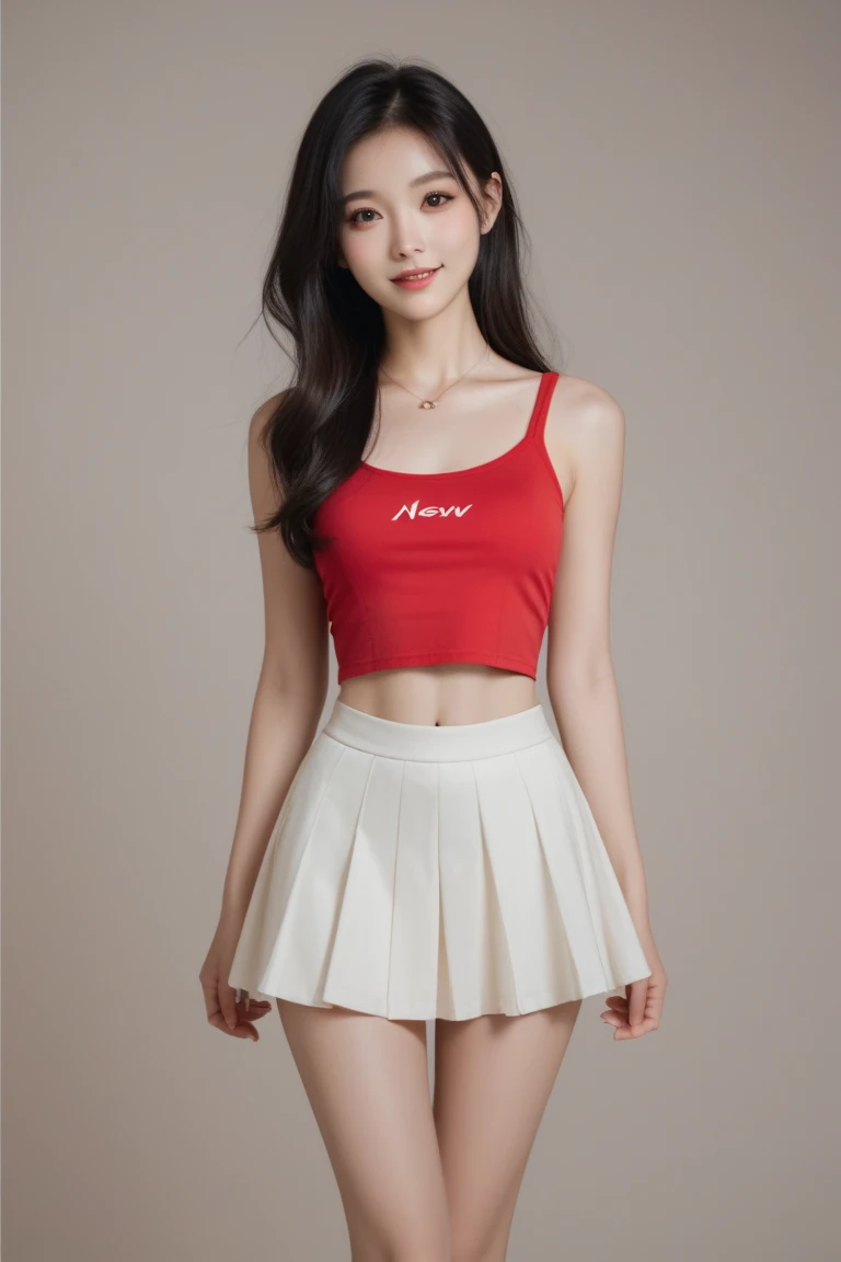 1 woman, 15 year old Asian woman, beautiful girl, in the park, beautiful sunlight, white crop top, collarbone, shoulder, red short skirt, Beautiful legs, navel, armpit, Highly detailed, Very realistic