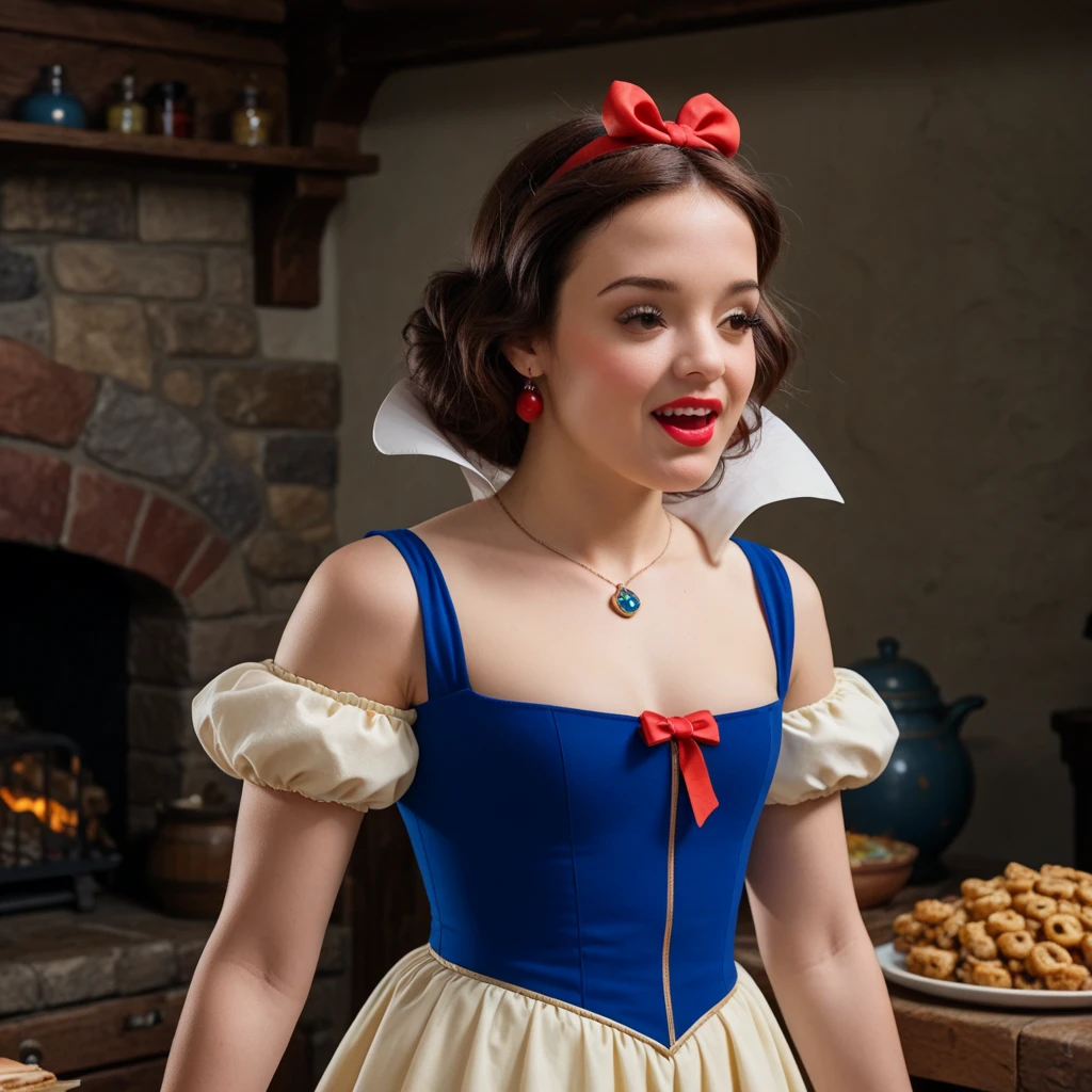 (5 years old ???), (Snow White cos:1.3), little child, upper body, Little blue and red dress, Ultra photo realsisim, Realistic, best quality real texture skin,cute true circle Symmetrical eyes, cute face, medieval world, epic realistic, Cinematic