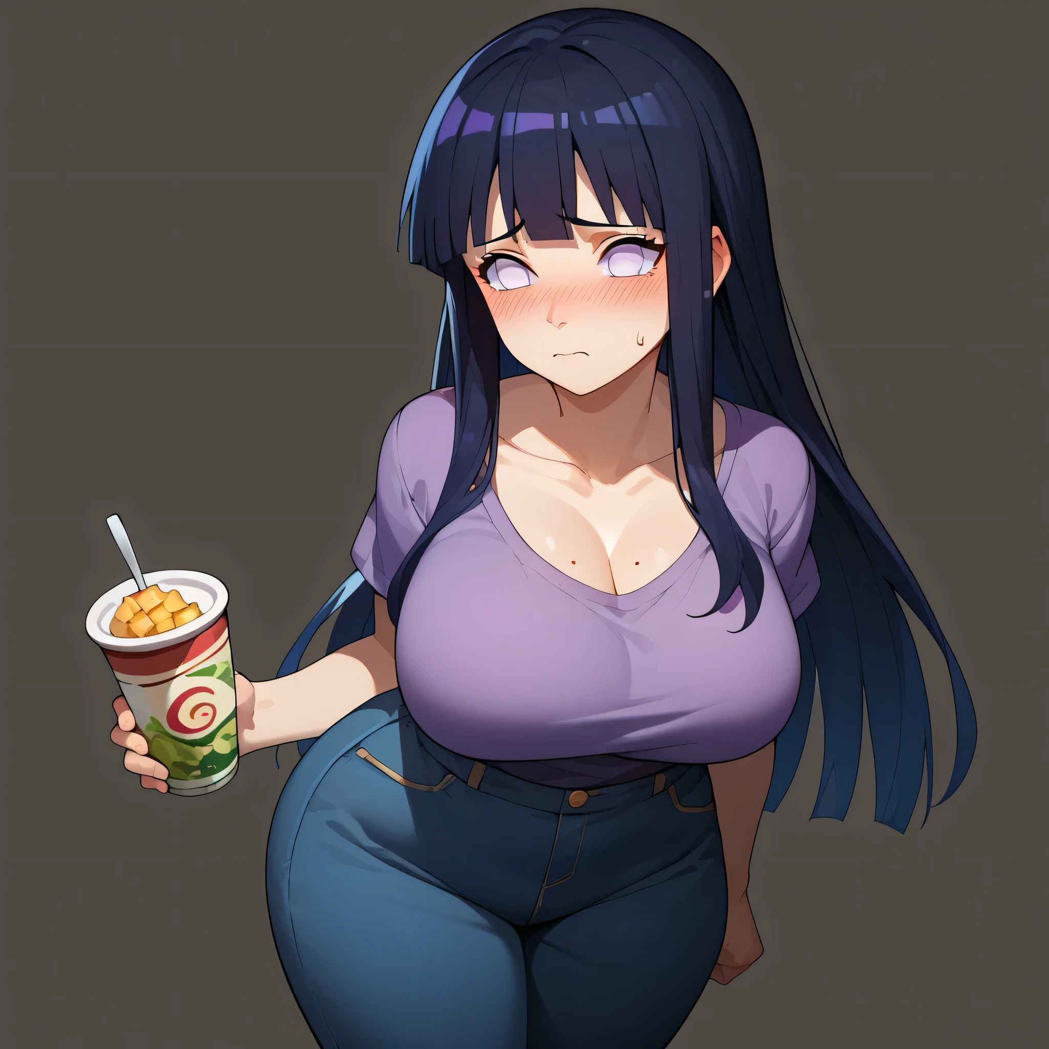 1 girl, solo, Hinata SDXL , long hair, black hair, Purple Eyes, white eyes, Hinata Hyuga, Big Breasts, wide hips, thighs, pants, Food, Food down, amount, This is a hidden symbol, blushed, shy ass, standing, viewers on their chest, simple background, seen from the front