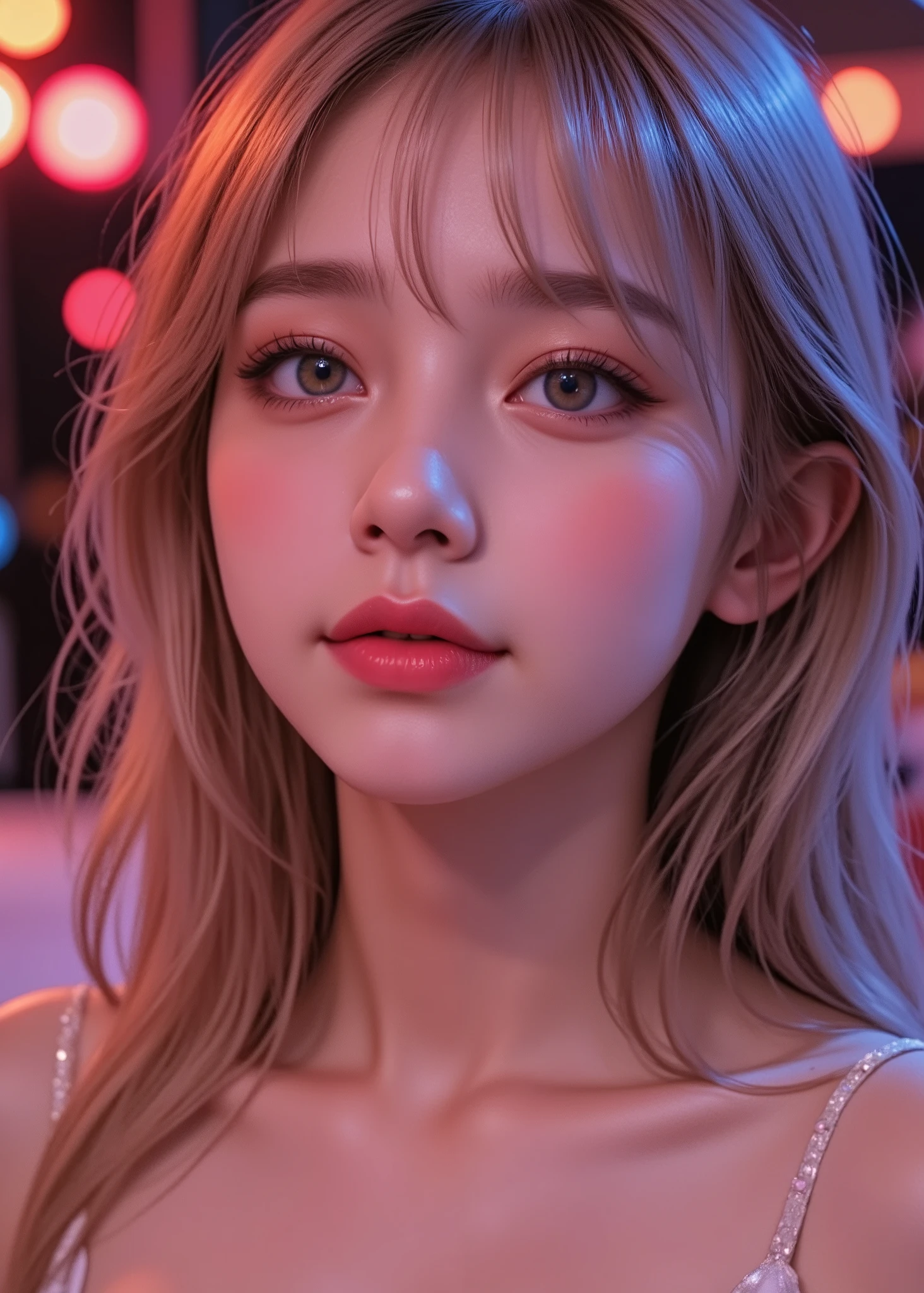 cute and sexy Japanese girl, Macro photography of the face、eyeに焦点を当てる、facing diagonally upward、eye、nose、mouth、silver gold hair、semi-long hair with bangs、beautiful skin、light makeup、 LED light room, RGB glow, High Detail Photography、attractive
