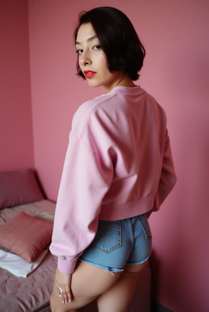 1 girl,Denim with pink sweater,white backgrounid,