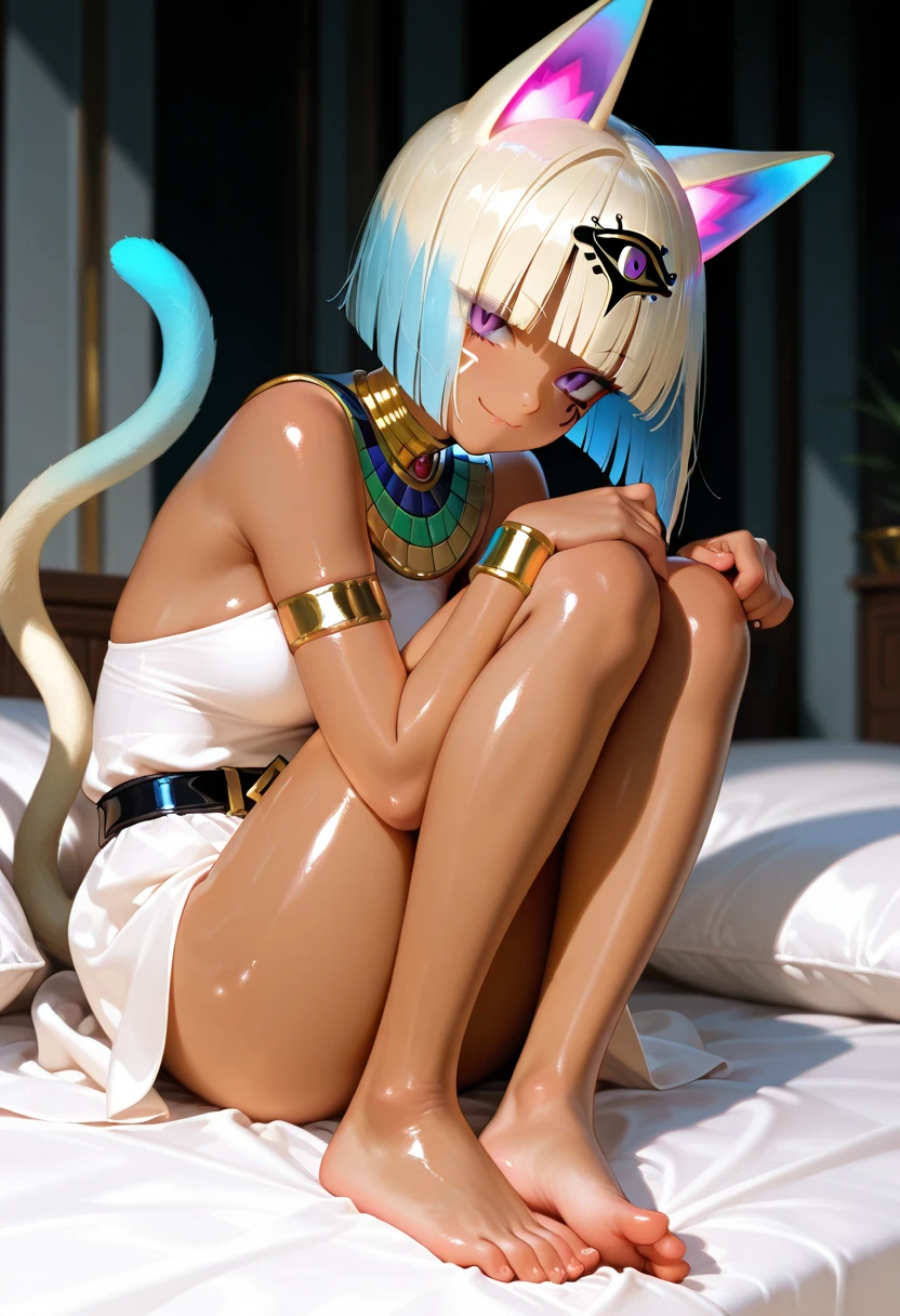 masterpiece, best quality, ultra-detailed, (photorealistic), (self detail), illustration, realistic lighting, realistic composition, (sharp:1.1), ((portrait of ankha's face)), 3d, anime, ankha:1.05, cute, (yellow skin), (striped cat's tail:1.1), cat's ears, (short blue hair:1.1), bangs, (purple eyes), (detailed eyes), (detailed face), white dress, barefoot, (semi-closed eyes:1.1), tired, frown, (hands on waist, legs apart:1.2), close-up, looking at the viewer, (facing the viewer:1.1), (looking down, from below:1.2), gradient background, (8k:1.1) (lying on the bed), miko.