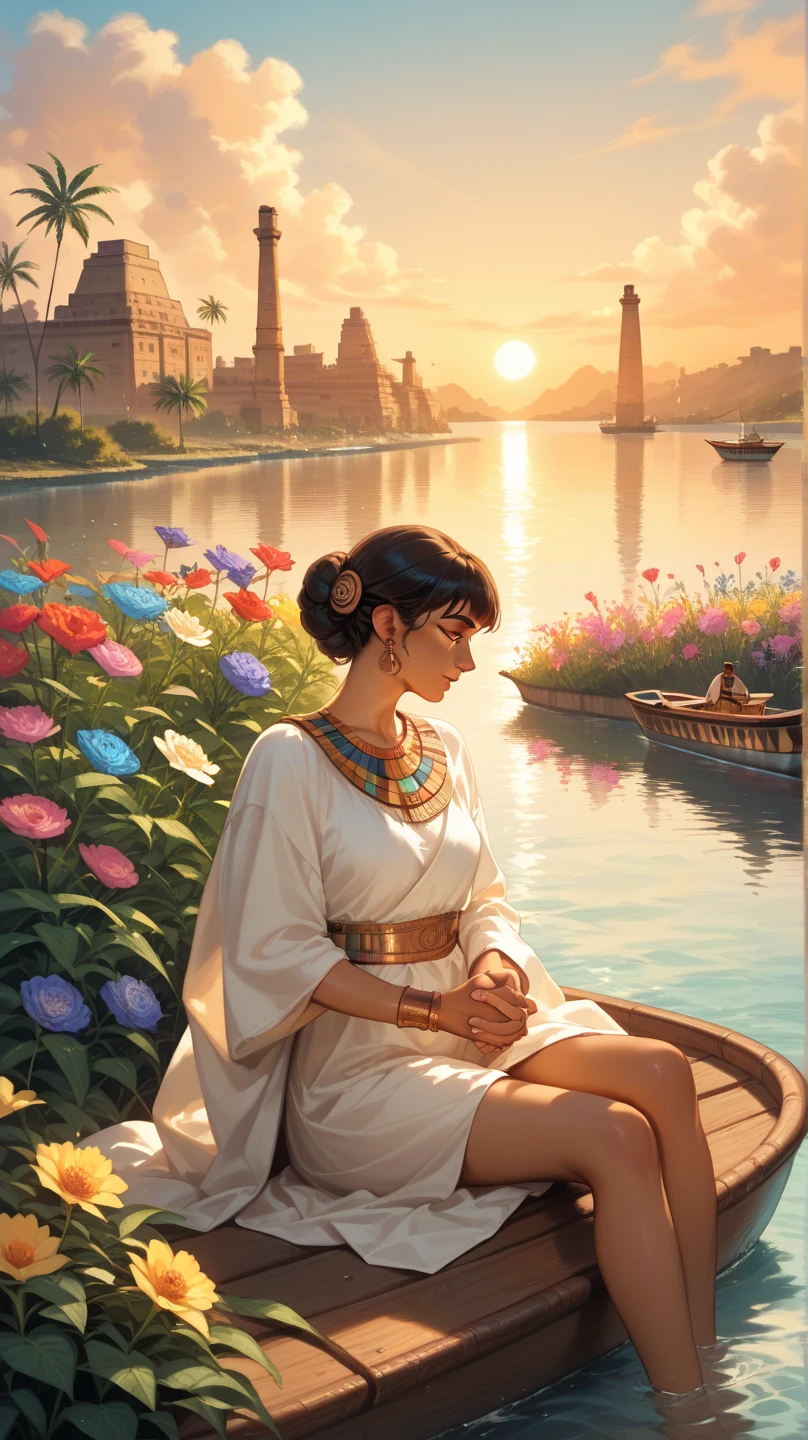 Sunset , small boat , two people, couple, sitting, holding hands ,  flowers at the banks of the river
Colourful flowers , ancient Egypt , focus on the flowers, colourful flowers 
Landscape, High Quality 