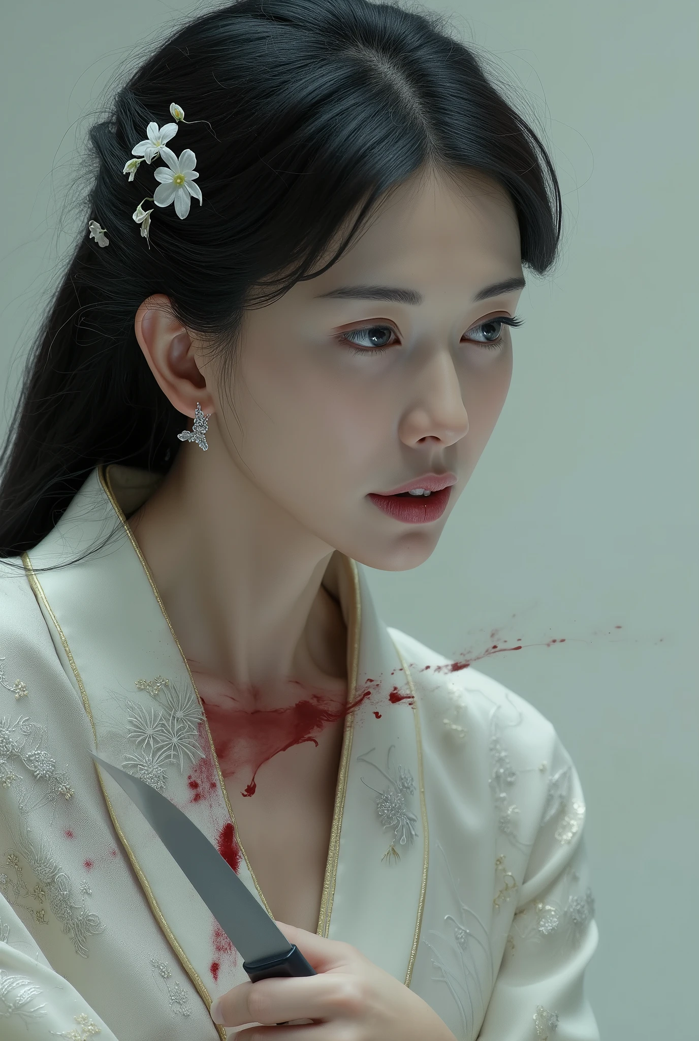 Very beautiful woman, woman luxury white kimono, woman knife, woman cut throat male by knife, a male blindfold, male neck bloody splash, woman kill male