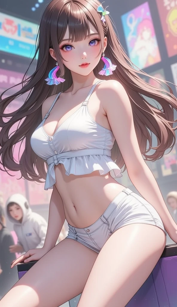 Chica madura, idol girl, Super beautiful Asian girl with very beautiful violet bright eyes, beautiful multicolored shiny brown hair, Cola de caballo alta, Cuerpo agradable y sexy, cuerpo delgado, cuerpo perfecto, Un anime impreso super apretado fuera de los hombros manga larga crop top, A super aesthetic transparent mini jacket, hermoso adorno para el cabello, Tenis Pink Jordan, Ser fotografiado en una tienda de un centro comercial,( Desnudarse,),More detailed 8K.motor irreal:1.4,UHD,La mejor calidad:1.4, fotorrealista:1.4, textura de la piel:1.4, obra maestra:1.8,obra-prima, mejor calidad,objeto Objeto], (detailed face features:1.3),(manos detailed),((Las proporciones correctas)),(fondo ciudad Tokio cyberpunkAI colors:1.4),(Ojos hermosos azules), ( Desnudarse, Showing off neon pink panties, mostrando tanga: 1.5),