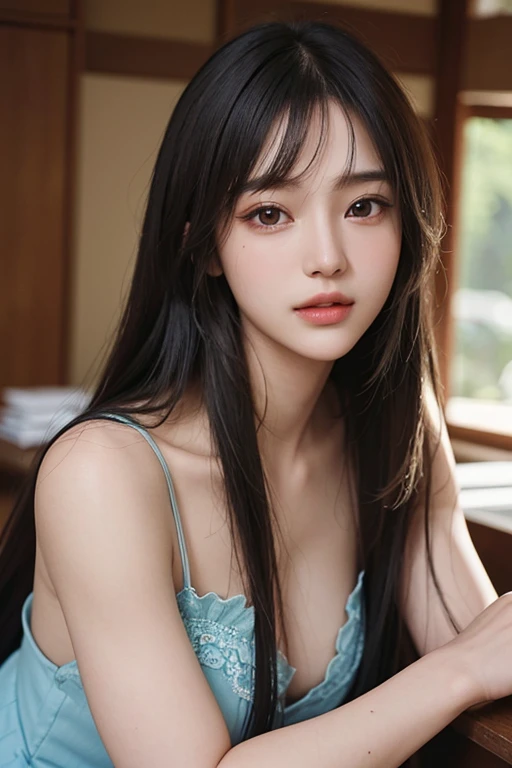 18 years old beautiful girl, big eyes, Large Breasts, Petite and slim, 8K, top quality, (Very detailed header: 1.0), (very detailed face: 1.0), (very fine hair: 1.0), Fashion sexy clothes, Very detailed official artwork, Anime cute art style, Clean and detailed anime art, Smile, black hair, smooth long hair